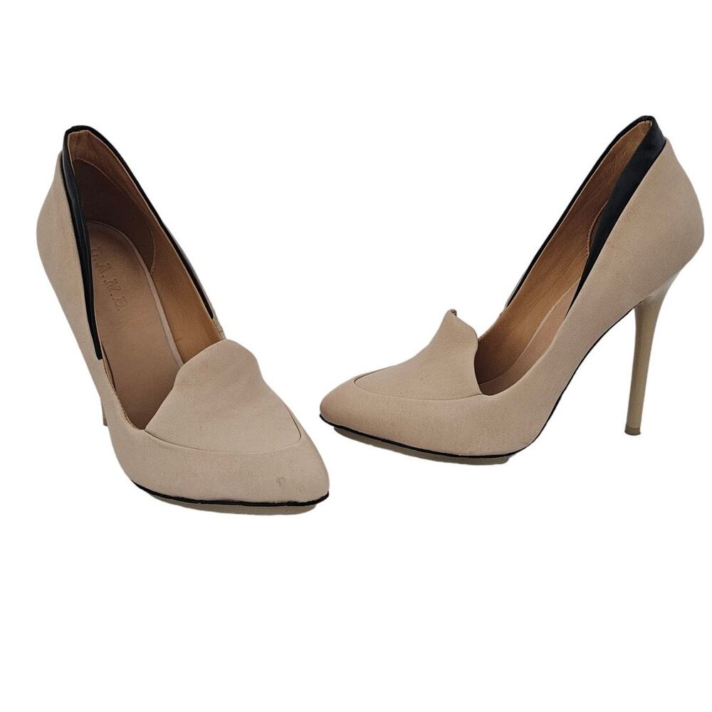 L.A.M.B. Tan Nude Leather Dice High Heels Size 9 Womens Y2K Glam Gwen Stefani
